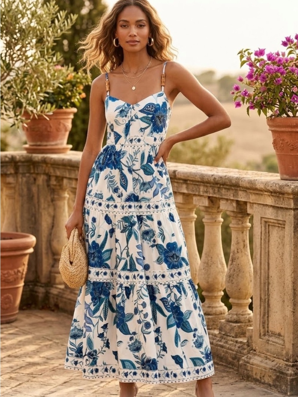House of Harlow 1960 White Maxi Dress with Blue Floral Print